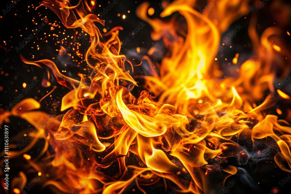 Poster captivating aerial view of fire flames dancing on a black background, creating a striking abstract v