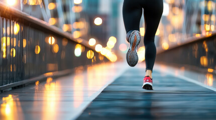 Fototapeta premium athlete fitness concept. person running on city bridge at night, with blurred lights