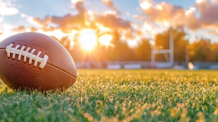 A Close-Up of a Football Lying on Freshly Cut Grass at Sunset, Capturing the Essence of Outdoor Sports and the Warm Glow of Evening Light