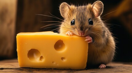 Fototapeta premium Cute Mouse Eating Cheese on Rustic Wooden Background