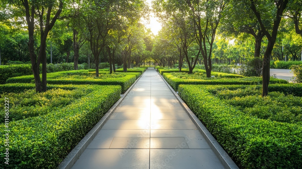 Poster modern irrigation system installed in a public park with rows of shrubs and trees
