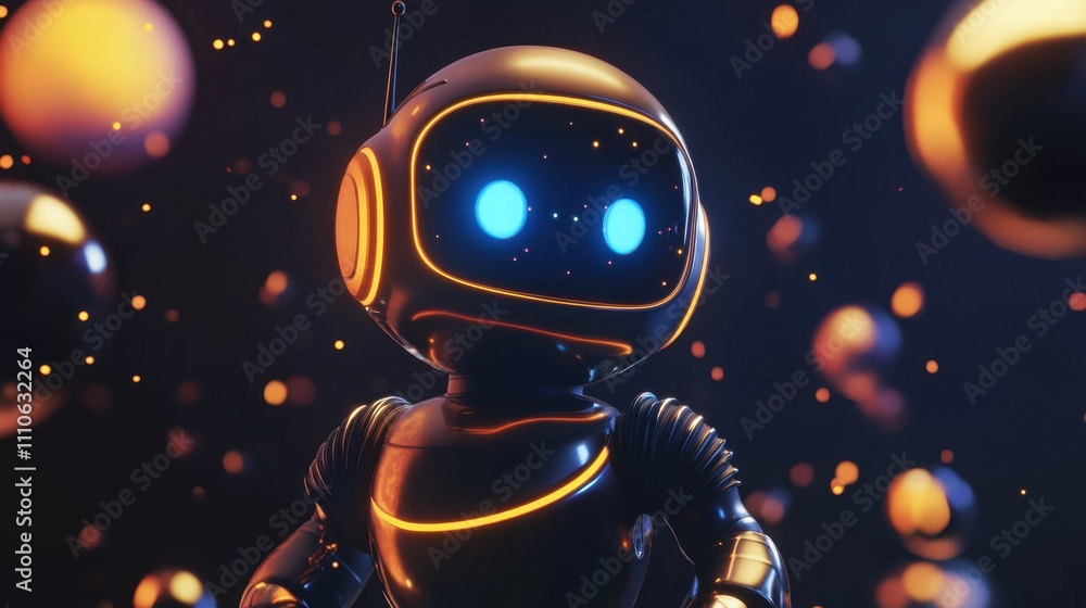 Poster cute robot character surrounded by colorful floating spheres