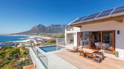 Fototapeta premium Stunning Coastal Villa in South Africa Showcasing Innovative Solar Panel Design with Breathtaking Views of Nature and Modern Architecture