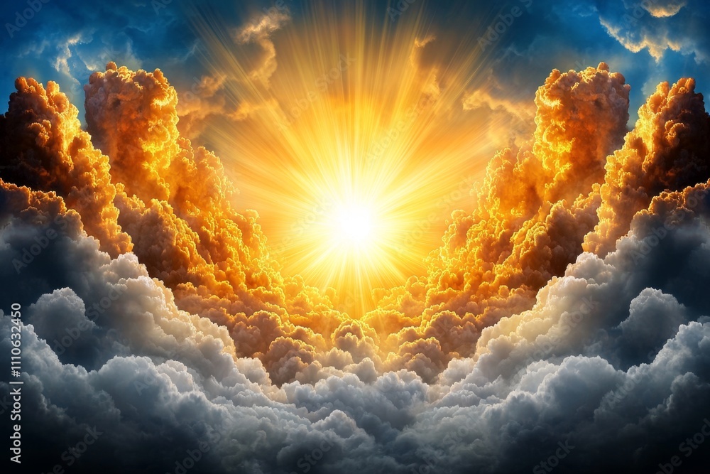 Poster a dynamic image of bright sunlight piercing through layered storm clouds, creating radiant beams of 