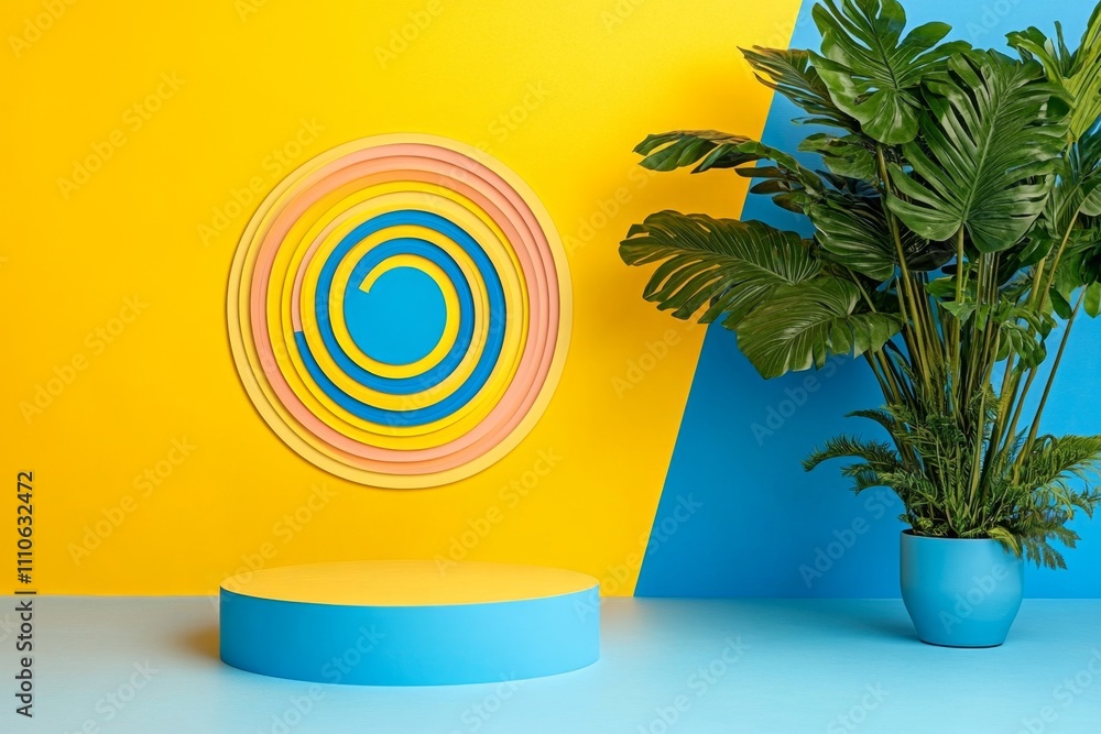 Poster a dynamic photo of cmyk color strips arranged in a spiral pattern on a minimalist table