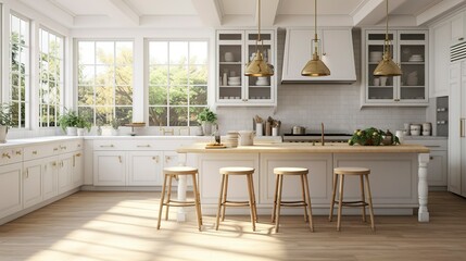 A photo of a bright and airy kitchen with white cabin