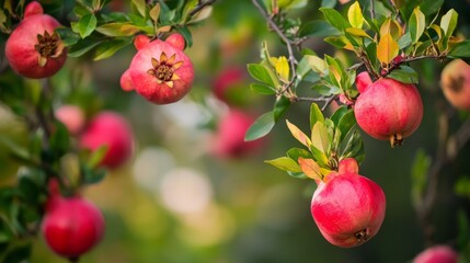 The branches of a blooming pomegranate tree laden with fresh blossoms. 