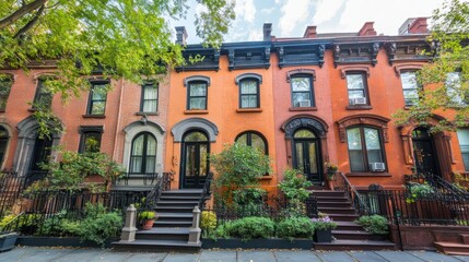 Fototapeta premium Row of colorful, historic townhouses on a tree-lined street.
