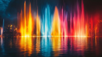 Naklejka premium Illuminated Water Fountains Displaying Vibrant Colors At Night