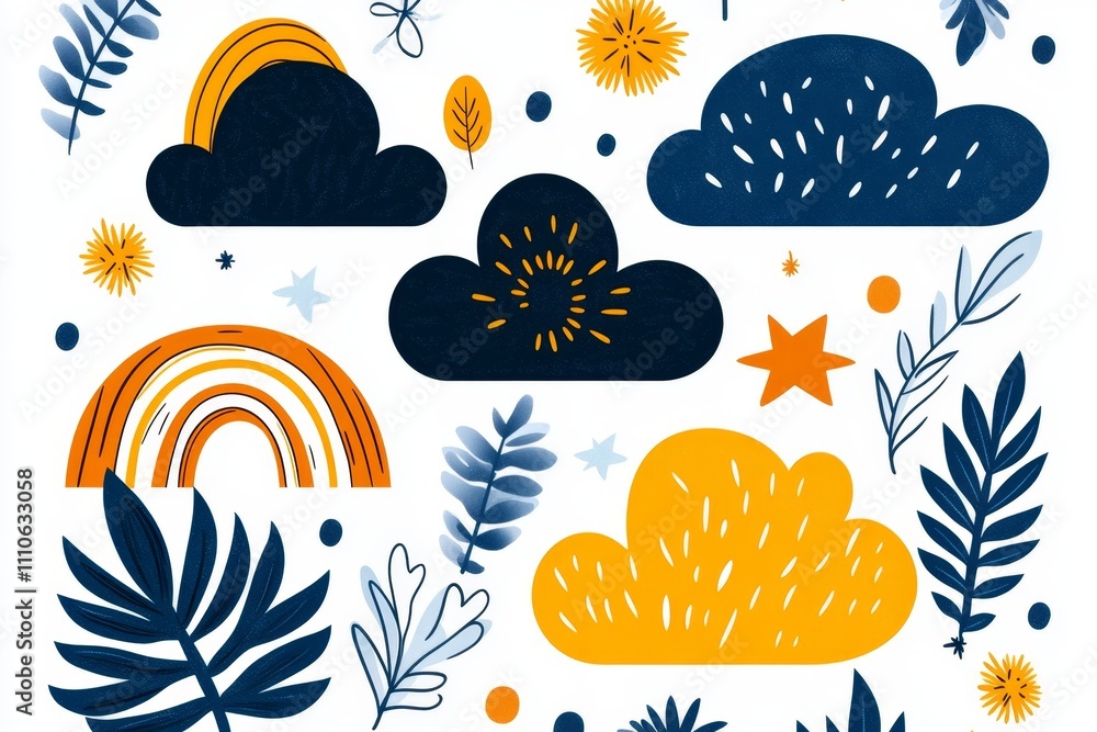 Poster a flat design of layered clouds and rainbows, drawn in vibrant colors, set on a plain white canvas