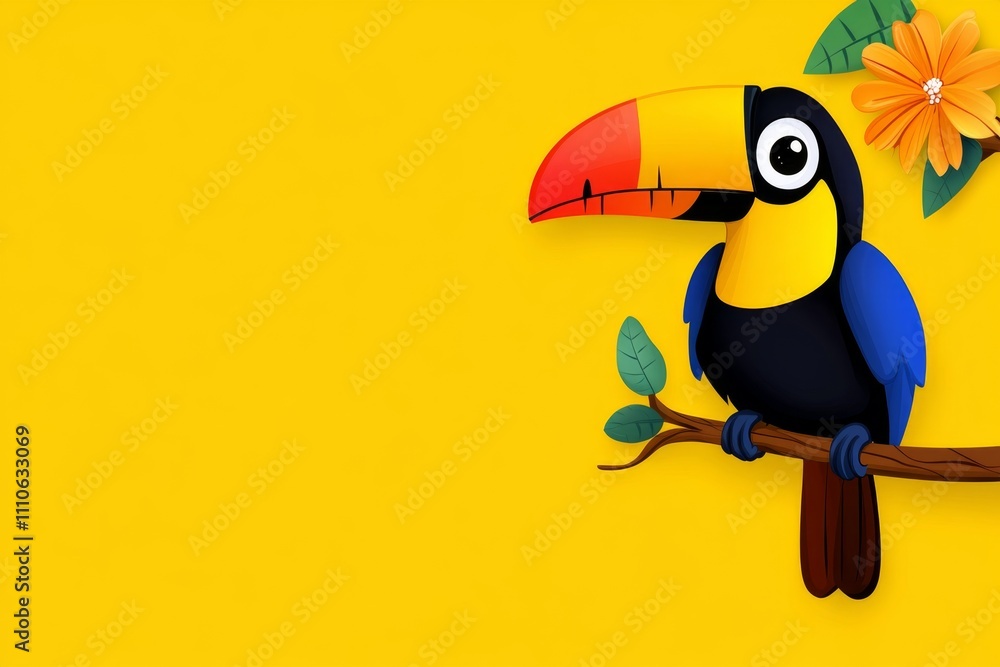 Poster a flat design of a toucan with a large, colorful beak sitting on a branch, set against a clean white