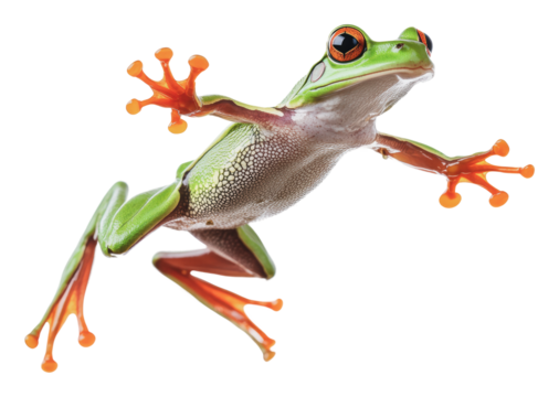 Colorful frog leaps in bright light, cut out - stock png.