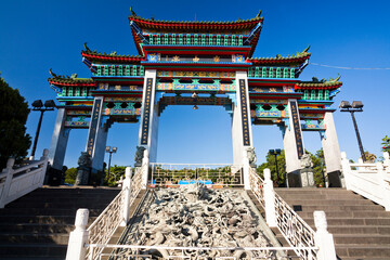 Building view of the Baozhong Yimin Temple in Xinpu of Hsinchu, Taiwan. it's the biggest Hakka religious center in Taiwan.