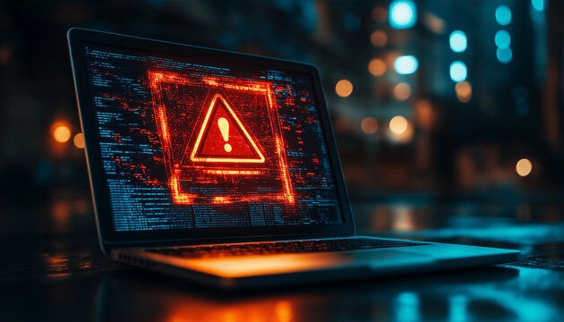 Laptop screen shows a warning sign