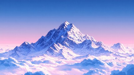 Fototapeta premium Majestic snow-capped mountain peak illuminated by a pastel sky, surrounded by fluffy clouds.