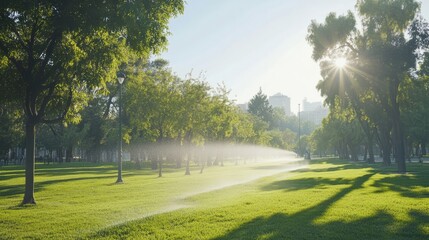 Obraz premium Irrigation sprinklers watering a city park with tall trees and well-maintained grass