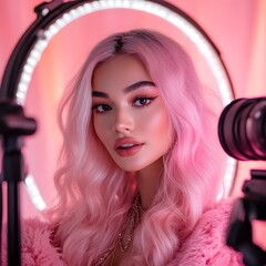 Stylish influencer with pastel pink hair posing under a glowing ring light, showcasing vibrant makeup and trendy aesthetics.
