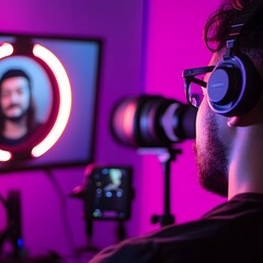 A content creator wearing headphones records a live video using a camera, ring light, and monitor in a neon-lit studio setup.  
