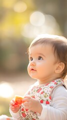 Close-up of a curious baby holding a piece of fruit, wearing a strawberry-patterned bib, with soft sunlight in the background.
