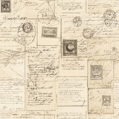 Obraz premium Vintage Postcard Collection - Handwritten Letters and Stamps seamless, pattern, background, texture