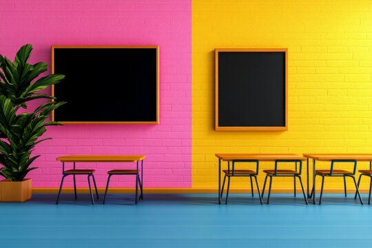 A geometric illustration of a classroom setup with desks, chairs, and a blackboard, simplified with bold colors and sharp lines