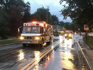 Obraz premium Emergency Vehicles Responding at Night During Rainy Conditions, Showcasing Ambulances Arriving to Assist at a Scene of an Incident with Lights Flashing