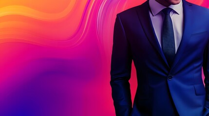 A visually striking digital composition featuring a man in formal attire with a warped face, set against a dynamic, colorful background.