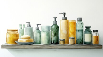 Collection of eco-friendly bottles and jars on a shelf, white isolate background.