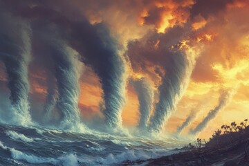 Dramatic Scene of Multiple Tornadoes Over a Turbulent Ocean, Extreme Weather Anomalies Caused by Climate Change 