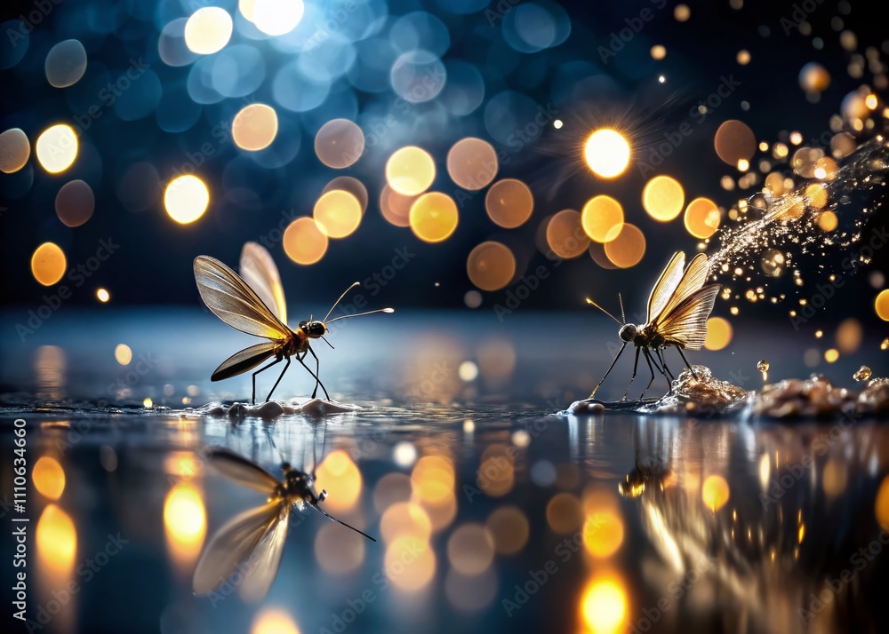 Poster captivating bokeh of water flies dancing in lights against a deep black background for abstract and 