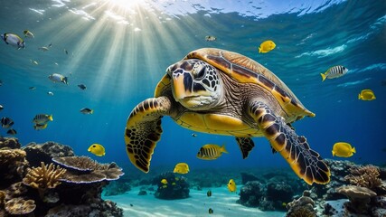 Sea turtle swimming in tropical sea, diving lessons advertisement, aquarium