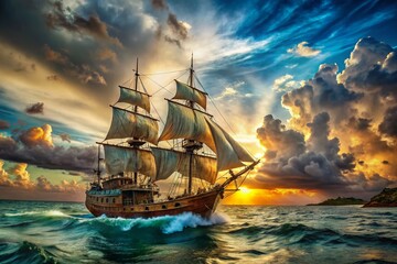 Captivating Buccaneers Adventure: A Panoramic View of a Pirate Ship Sailing the High Seas with Dramatic Clouds and a Distant Tropical Island in the Background
