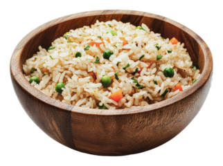 Delicious vegetable fried rice in a wooden bowl, cut out - stock png.