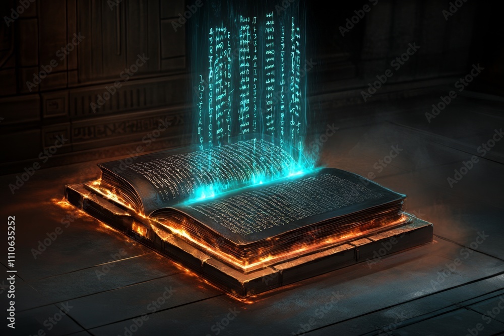 Poster a magical computer with a glowing crystal screen, emitting enchanted runes and vibrant colors into a