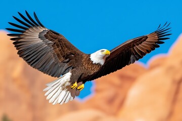 Obraz premium A majestic eagle soaring over a mountain range, with its wings fully spread against a clear blue sky