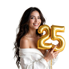 Young Woman Holding Gold 2025 Balloons Transparent Background