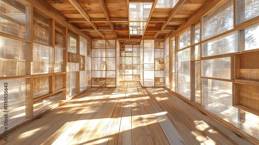 Poster Sunlight Fills a Wooden Space With Transparent Walls Creating a Serene Atmosphere