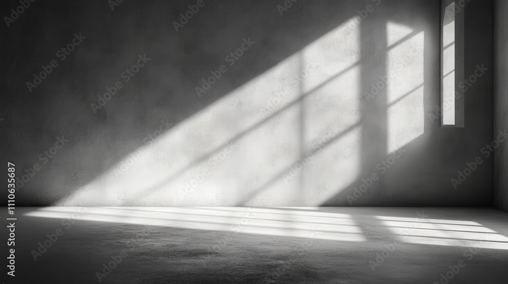 Poster minimalist interior space with sunlight streaming through windows, creating shadows on the gray conc