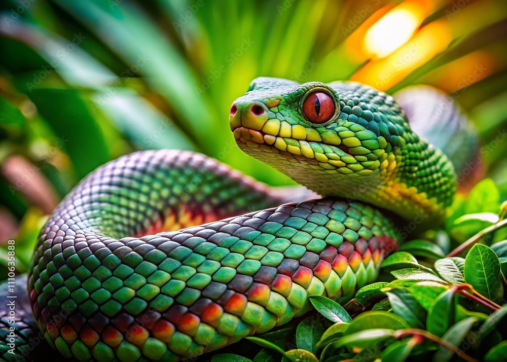 Poster captivating close-up of a colorful snake with bokeh effect, showcasing intricate scales and natural 