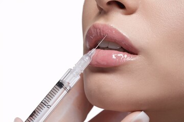 Lip Enhancement: Close-up of a woman's lips receiving a hyaluronic acid injection for a fuller, more defined look. The procedure is performed by a skilled professional.
