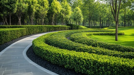 Obraz premium Modern irrigation system installed in a public park with rows of shrubs and trees