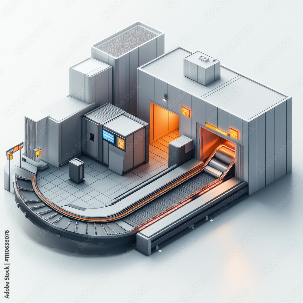 Poster isometric rendering of baggage handling system.