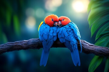 A pair of lovebirds snuggled close on a branch, their vibrant plumage glowing in the soft light