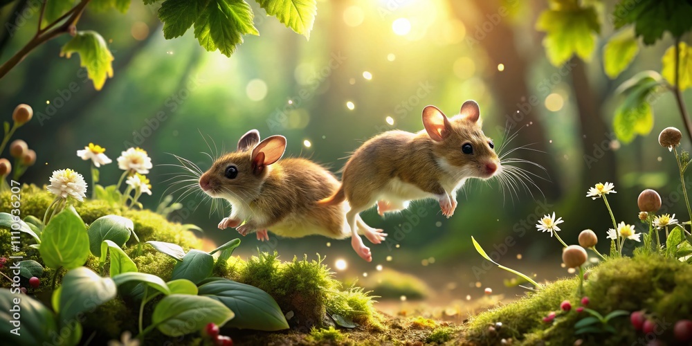 Poster captivating close-up of hopping mice in a vibrant natural setting with bokeh effect, showcasing thei