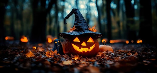 Spooky Halloween pumpkin with a witch hat and a ghost, surrounded by autumn leaves in a mystical forest.