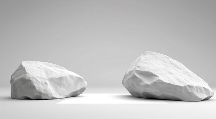 Obraz premium Minimalist white rock podium with geometric shapes for product display. Symmetrical composition in light gray tones with soft lighting, clean details, and pure white space in the center. 