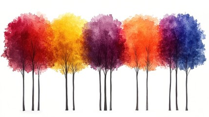 Fototapeta premium Colorful vibrant trees in various hues of red, yellow, purple, and orange against a white background.