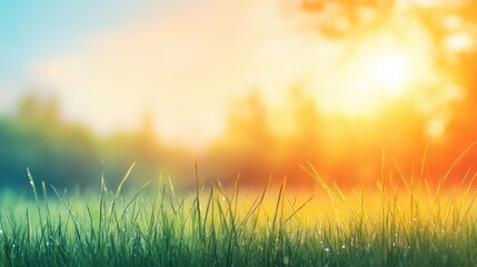 Sunrise over dewy grass nature scene early morning tranquil environment close-up view serenity and renewal concept