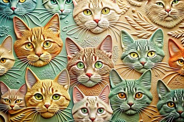 Captivating Conceptual Photography Featuring an Embossed Image of Cats in Artistic Settings, Showcasing Unique Textures and Styles in a Playful and Whimsical Manner