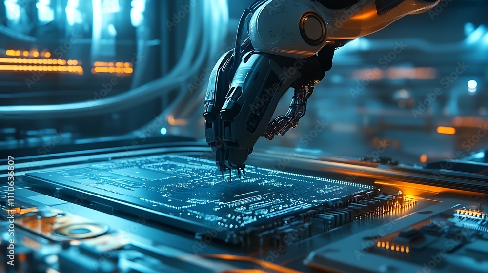 Poster ai powered financial, robotic arm assembling circuit boards with ai technology